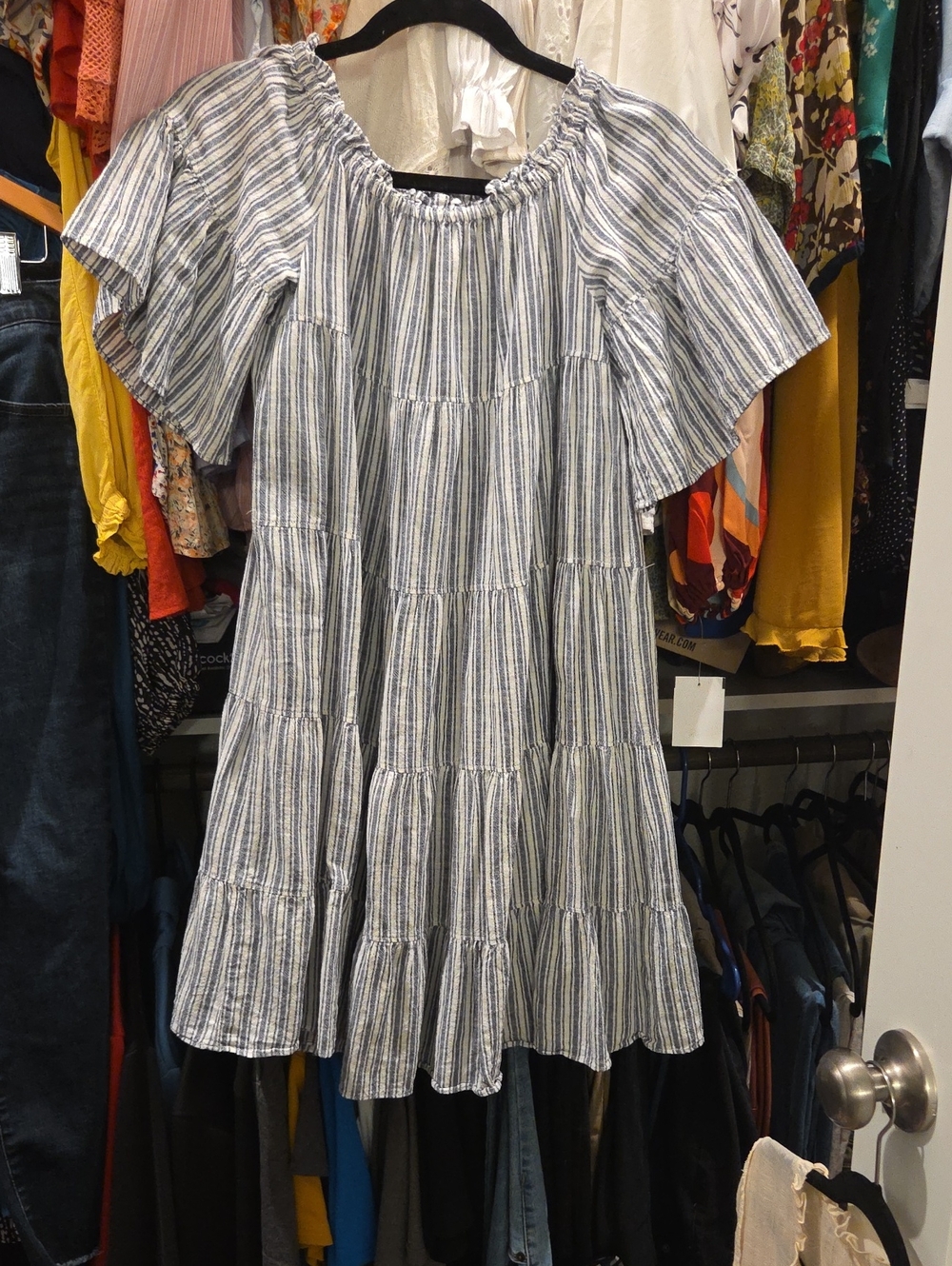 Max Studio Blue and White Striped Off-Shoulder Mini Dress